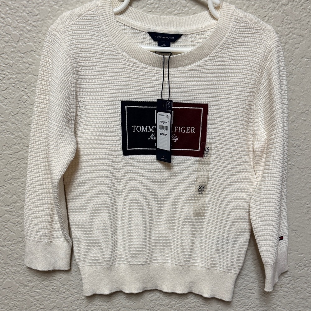 Tommy Hilfiger Cream Knit Crewneck with Navy and Burgundy Patch